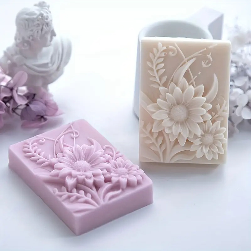 Soap Making Things - แม่พิมพ์สบู่ซิลิโคนรูปทรงสี่เหลี่ยมผืนผ้าลายดอกไม้ 3 มิติ แม่พิมพ์เทียนหอมทำมือ DIY แม่พิมพ์ทำสบู่ทำมือ